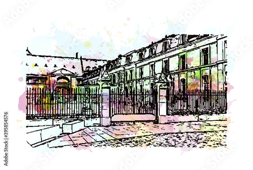 Building view with landmark of Rheims Cathedral, is a Roman Catholic cathedral in the French city of the Archdiocese of Reims. Watercolour splash with hand drawn sketch illustration in vector.