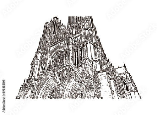 Building view with landmark of Rheims Cathedral, is a Roman Catholic cathedral in the French city of the Archdiocese of Reims. Hand drawn sketch illustration in vector.