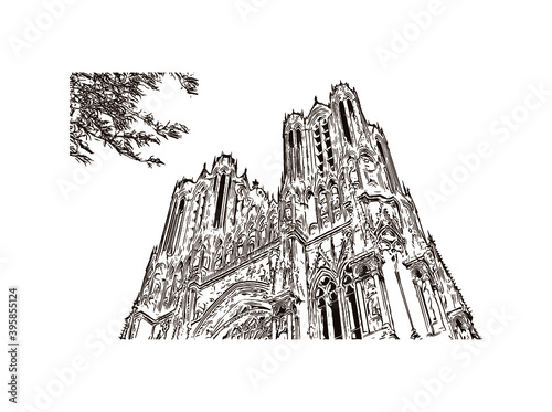 Building view with landmark of Rheims Cathedral, is a Roman Catholic cathedral in the French city of the Archdiocese of Reims. Hand drawn sketch illustration in vector.