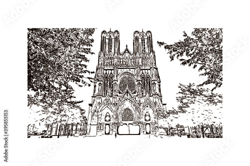 Building view with landmark of Rheims Cathedral, is a Roman Catholic cathedral in the French city of the Archdiocese of Reims. Hand drawn sketch illustration in vector.