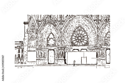 Building view with landmark of Rheims Cathedral, is a Roman Catholic cathedral in the French city of the Archdiocese of Reims. Hand drawn sketch illustration in vector.