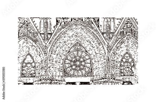 Building view with landmark of Rheims Cathedral, is a Roman Catholic cathedral in the French city of the Archdiocese of Reims. Hand drawn sketch illustration in vector.
