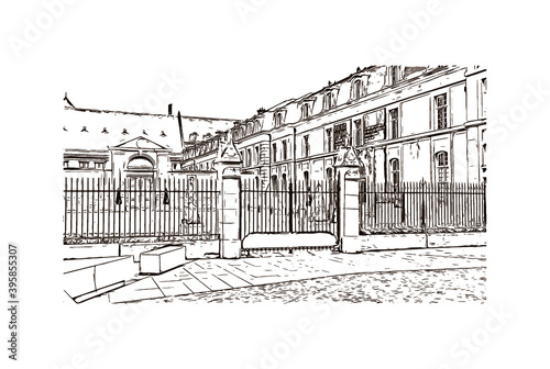 Building view with landmark of Rheims Cathedral, is a Roman Catholic cathedral in the French city of the Archdiocese of Reims. Hand drawn sketch illustration in vector.