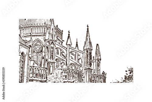 Building view with landmark of Rheims Cathedral, is a Roman Catholic cathedral in the French city of the Archdiocese of Reims. Hand drawn sketch illustration in vector.