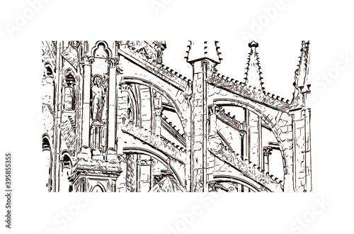 Building view with landmark of Rheims Cathedral, is a Roman Catholic cathedral in the French city of the Archdiocese of Reims. Hand drawn sketch illustration in vector.