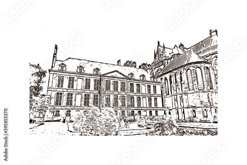 Building view with landmark of Rheims Cathedral, is a Roman Catholic cathedral in the French city of the Archdiocese of Reims. Hand drawn sketch illustration in vector.