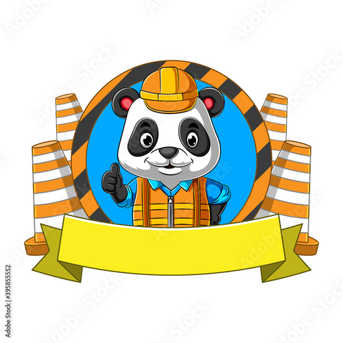 The panda road technician standing around the traffic cone for the mascot inspiration