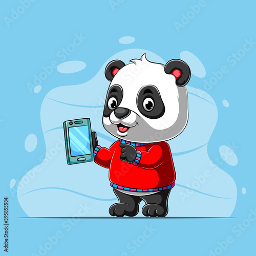 The panda using the red sweater holding the new smartphone in his hands