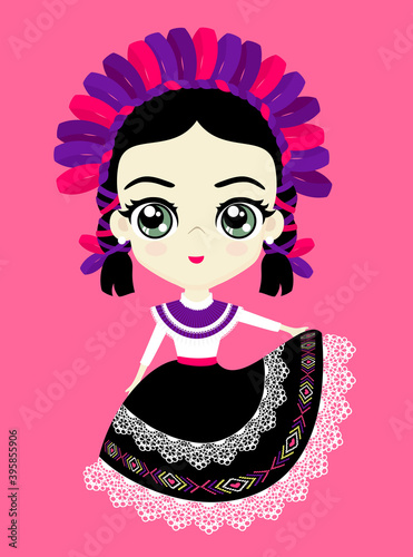 illustration of cute mexican doll in traditional otomi dress from Queretaro, Mexico. Isolated on pink background