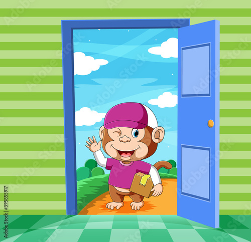 The monkey courier with the purple uniform holding a box of the package