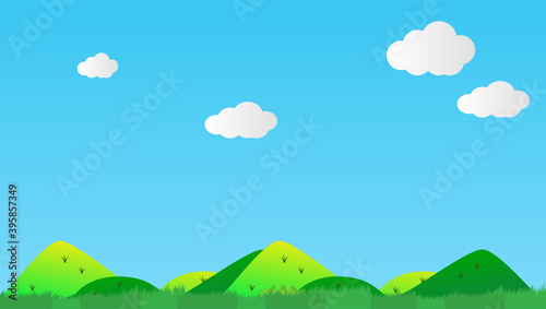 山と空と雲のシンプルで可愛い自然背景のイラスト