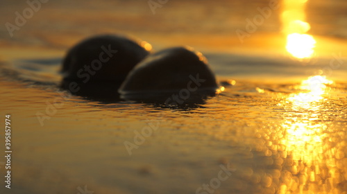 black pebbles sunset light reflection on a Mediterranean beach 