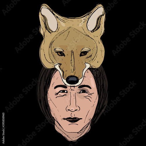 Face of a Native American man in coyote mask or hat. Shaman animal totem. Male trickster archetype. Hand drawn colorful art.