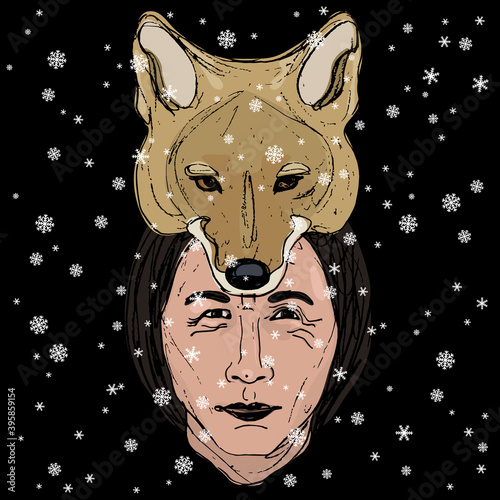 Face of a Native American man in coyote mask or hat under snowflakes. Shaman winter animal totem. Male trickster archetype of a shape shifter or werewolf. Hand drawn colorful art.