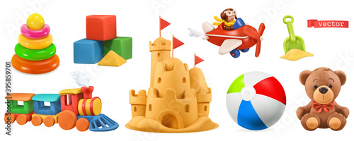 Kids toys. Train, plane, castle, ball, cubes, bear. 3d vector icon set