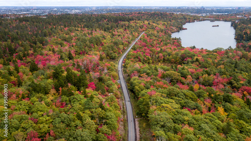 Scenic bicycle trail amidst of beautiful fall foliage autumn colors
Chain of lakes Trail, Halifax, Nova Scotia, Canada - part of the trans-atlantic trail that connects east to west coasts of the count