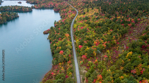 Scenic bicycle trail amidst of beautiful fall foliage autumn colors
Chain of lakes Trail, Halifax, Nova Scotia, Canada - part of the trans-atlantic trail that connects east to west coasts of the count