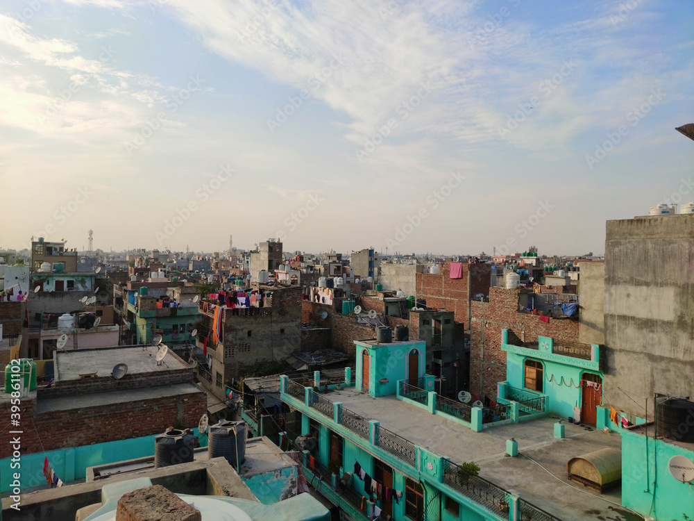 Delhi, India - 22 November 2020 : Skyline view of Unauthorised illegal colony of Delhi.