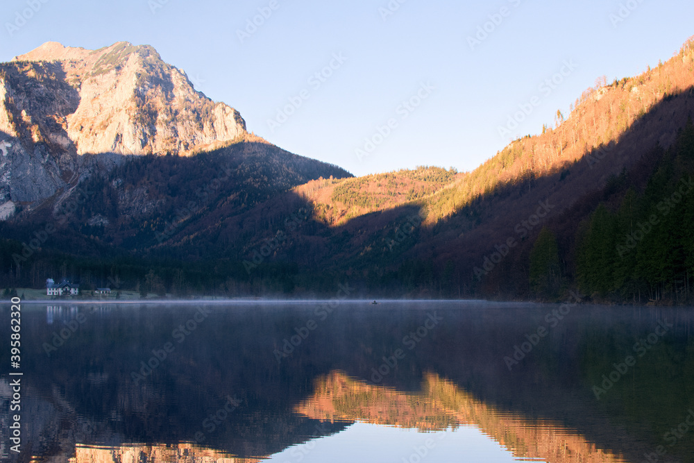 lake in the morning, vorderer langbathsee in upper austria	