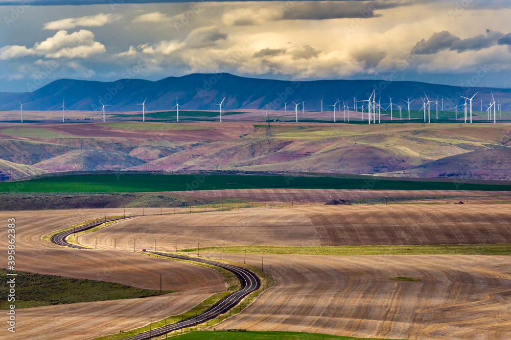 Road winding through the gentle rolling hills with windmills in the background