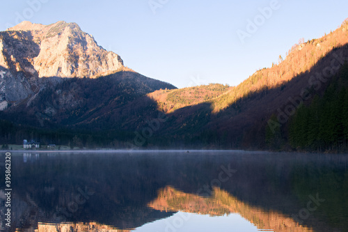 lake in the morning, vorderer langbathsee in upper austria 