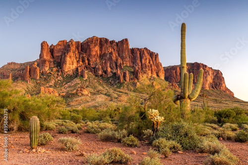 The sunset lighting up a mountain and cactus in the Arizona desert