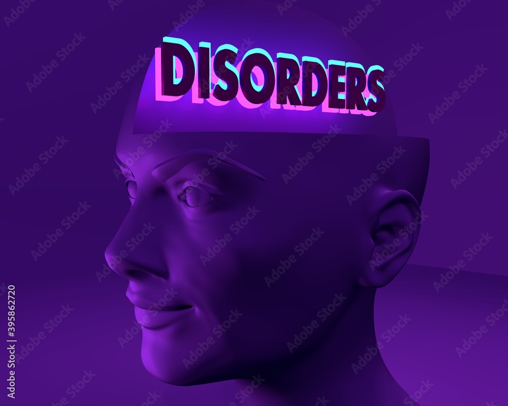 Open minded woman with disorders word in head. 3D rendering