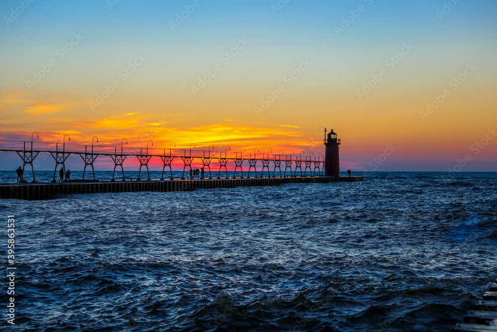 Sunset on Lake Michigan in South Haven on the North Pier.