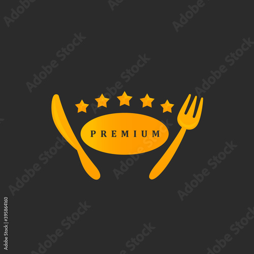 Premium five stars gold golden knife and fork utensil cookware logo icon banner badge emblem insignia ribbon vector template
