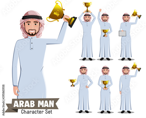 Arab man achievement vector character set. Saudi arabian male characters award winner in standing and celebrating victory pose and gesture for arabic champion design collection. Vector illustration.
