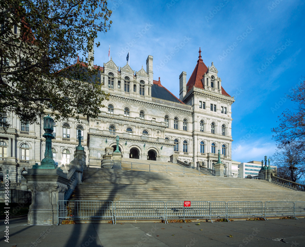 Albany, NY - USA - Nov. 22, 2020:  A three-quarter view of the New York State Capitol, built in the style of Romanesque Revival architecture. The building is part of the Empire State Plaza complex.