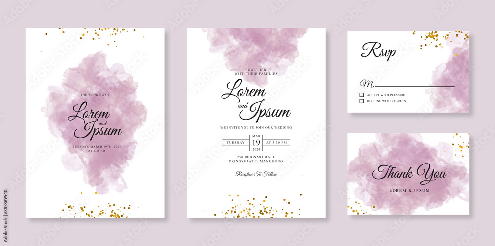 Beautiful wedding card invitation template with watercolor background and sparkle