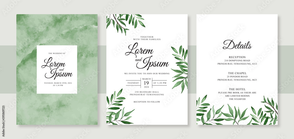 Minimalist wedding card invitation template with hand painted watercolor splash and foliage
