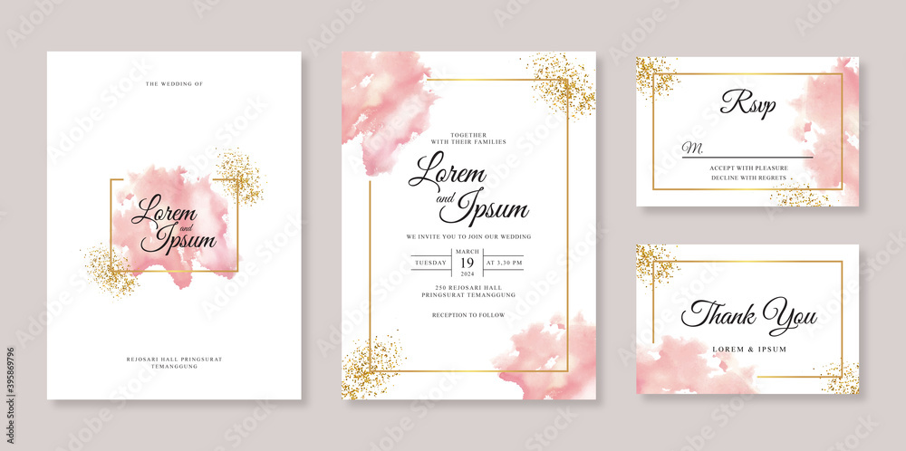 Minimalist wedding invitation template with watercolor splash and sparkle