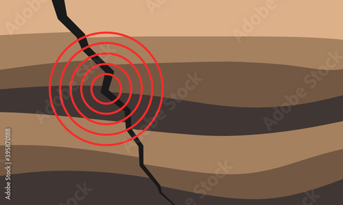 Cross sectional view of earthquake in layered rock. Hypocenter at fault crack. Geological disaster.