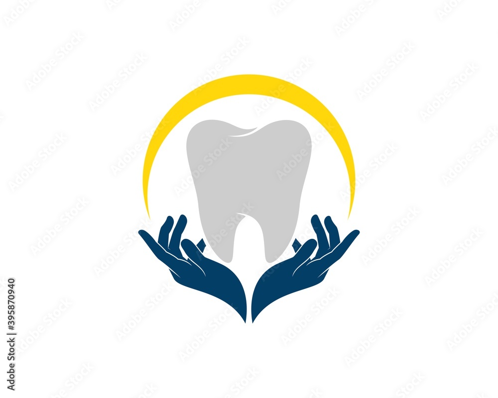 Obraz premium Hand care with tooth and yellow swoosh