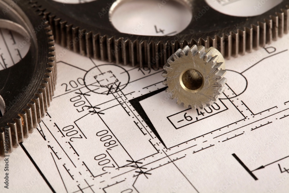 Set of gears on design plans Set of gears on design plans