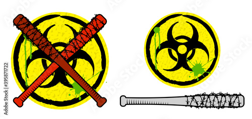 Biohazard sign and baseball bats in barbed wire. Weapons and signs of zombie apocalypse. Survival after apocalypse. Vector