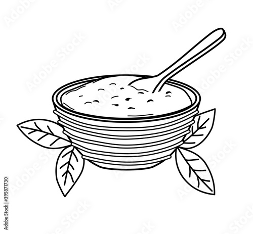 Matcha tea powder in a bowl with a spoon on a white background. Vector illustration . Icon. Outline.