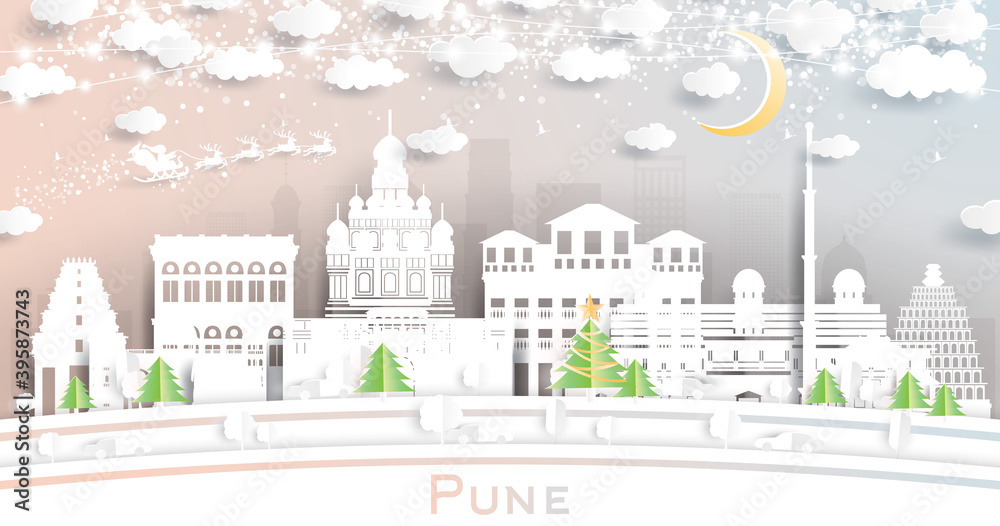 Pune India City Skyline in Paper Cut Style with Snowflakes, Moon and Neon Garland.
