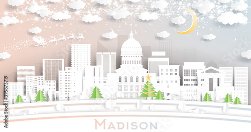 Madison Wisconsin City Skyline in Paper Cut Style with Snowflakes, Moon and Neon Garland.