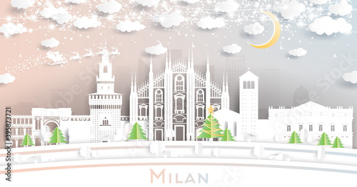 Milan Italy City Skyline in Paper Cut Style with Snowflakes, Moon and Neon Garland.