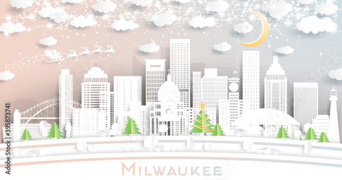 Milwaukee Wisconsin City Skyline in Paper Cut Style with Snowflakes, Moon and Neon Garland.
