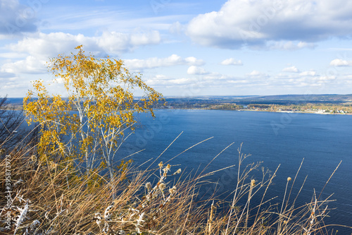 View of the river Volga and the Sok Mountains from Mount Verblyud (one of the Zhiguli Mountains), Samara, Russia. photo