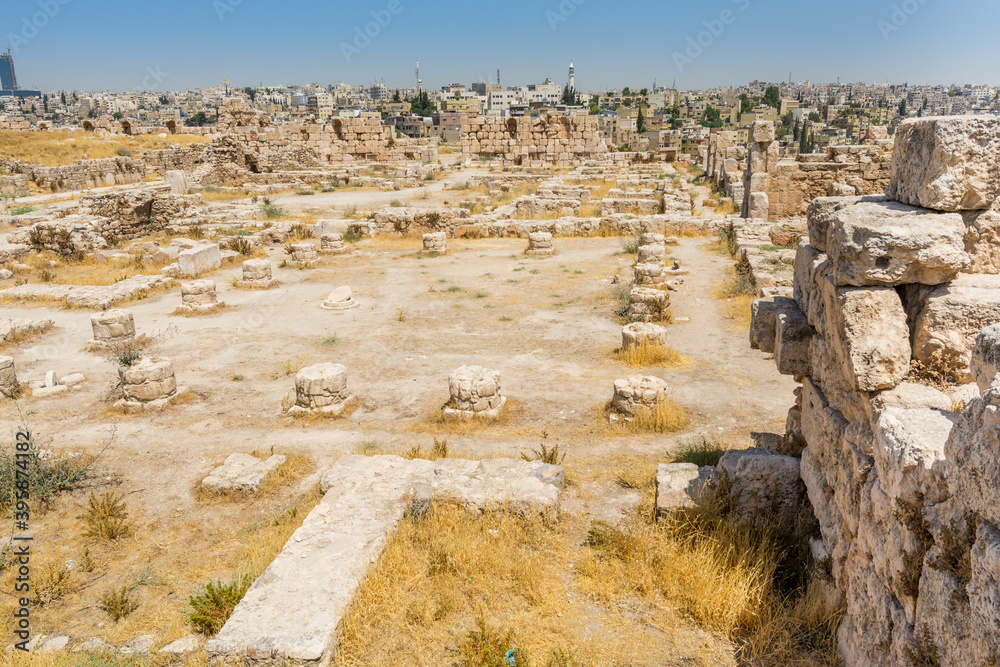 Ruins of the walls in the Amman Citadel, a historical site at the center of downtown Amman, Jordan. Known in Arabic as Jabal al-Qal'a, one of the seven jabals(mountains) that originally made up Amman