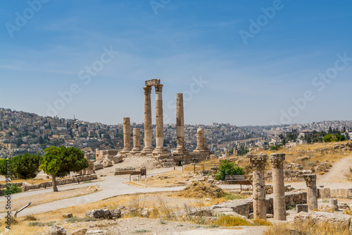Column runis of the Temple of Hercules in the Amman Citadel, a historical site at the center of downtown Amman, Jordan. Known in Arabic as Jabal al-Qal'a, one of the seven jabals (mountains) 