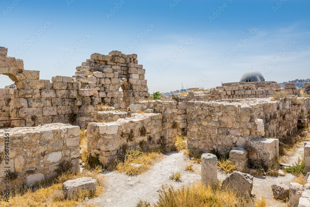 Ruins of the walls in the Amman Citadel, a historical site at the center of downtown Amman, Jordan. Known in Arabic as Jabal al-Qal'a, one of the seven jabals(mountains) that originally made up Amman