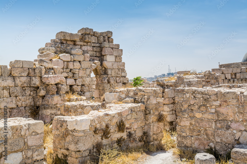 Ruins of the walls in the Amman Citadel, a historical site at the center of downtown Amman, Jordan. Known in Arabic as Jabal al-Qal'a, one of the seven jabals(mountains) that originally made up Amman