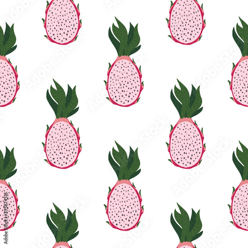 Isolated seamless summer pattern with pitaya ornament. Exotic fruit in pink colors on white background.