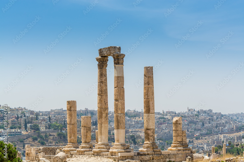 Column runis of the Temple of Hercules in the Amman Citadel, a historical site at the center of downtown Amman, Jordan. Known in Arabic as Jabal al-Qal'a, one of the seven jabals (mountains)  